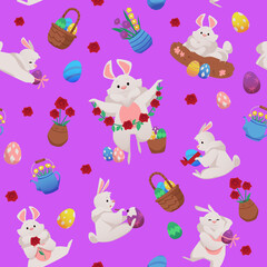 Cute Easter cartoon bunnies isolated on bright pink background, seamless pattern
