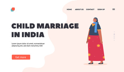 Child Marriage in India Landing Page Template. Indian Positive Teen Girl Female Character Wear Sari Traditional Clothes