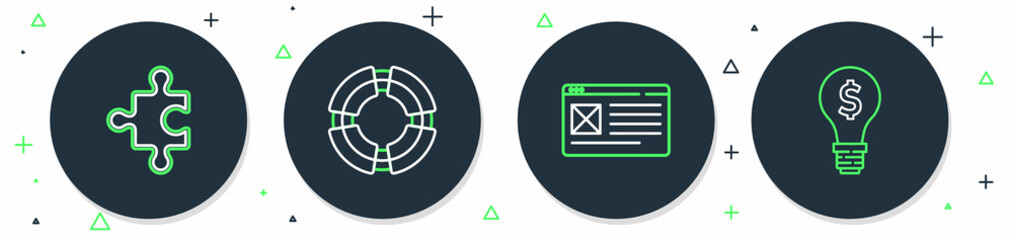 Fototapeta premium Set line Business lifebuoy, Browser window, Piece of puzzle and Light bulb with dollar icon. Vector