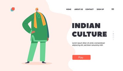 Culture and Fashion of India Landing Page Template. Elderly Indian Man wear Green Long Robe, Yellow Turban and Pants