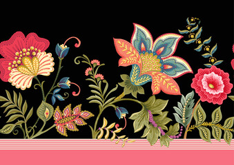 Fantasy flowers in retro, vintage, jacobean embroidery style. Border line seamless pattern on black background. Vector illustration.