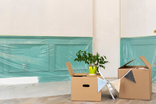 Cardboard boxes with potted plant and bunting at home under renovation