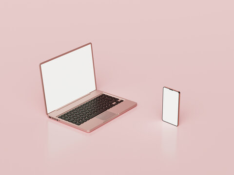 ピンクの背景にノートパソコンとスマホ