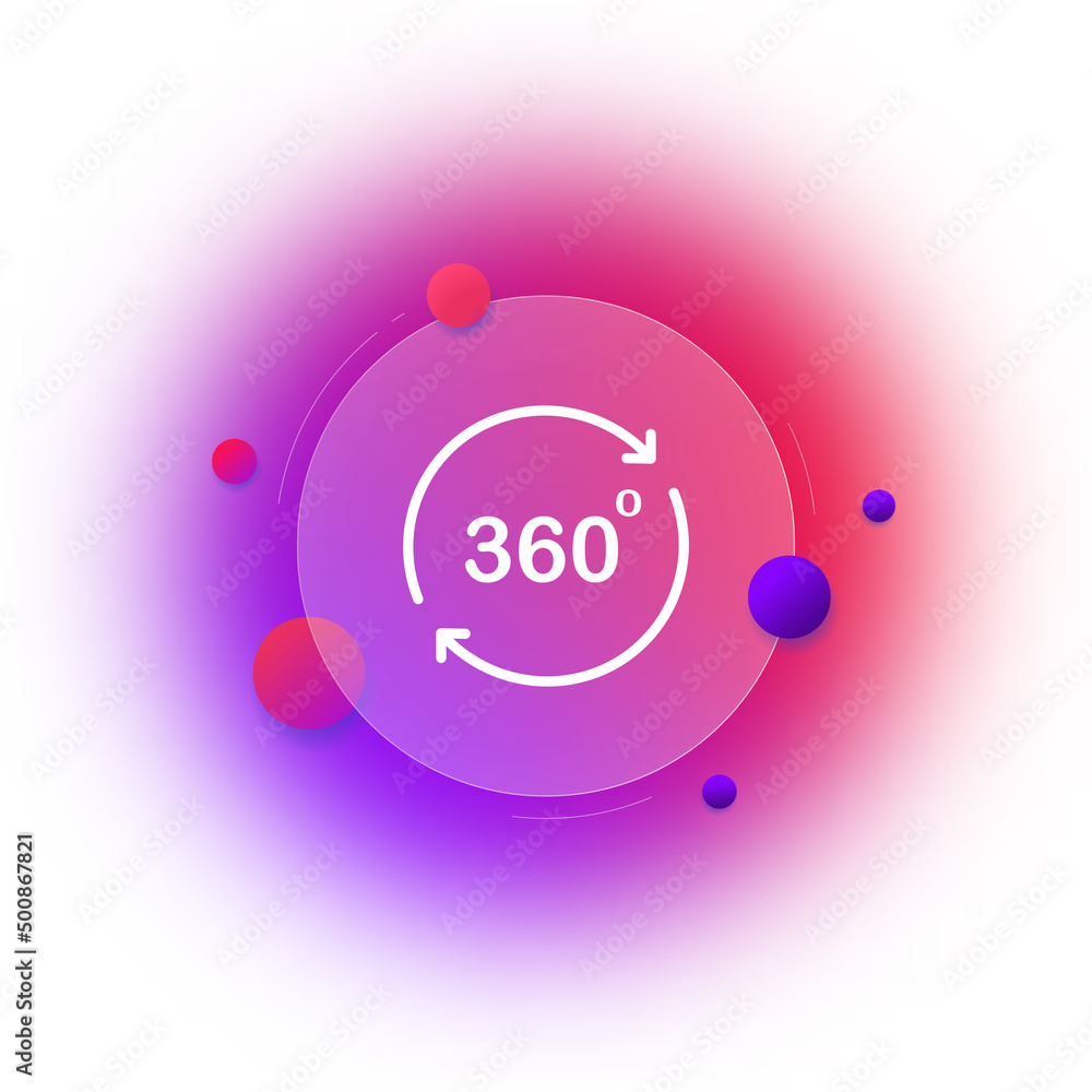 Poster 360 icon. 3d object. a virtual reality. orientation in space. gradient blur button with glassmorphis