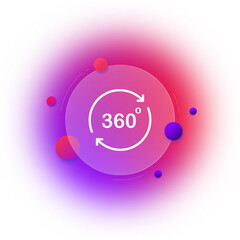 360 icon. 3D object. A virtual reality. orientation in space. Gradient blur button with glassmorphism. clear glass design