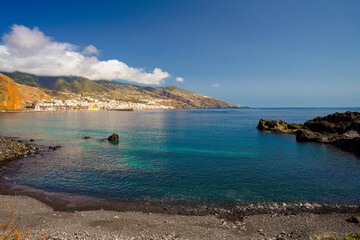 "Santa Cruz de La Palma" city seen from "Los Guinchos" beach, in Breña Baja town. (La Palma, Canary Islands, Spain).
