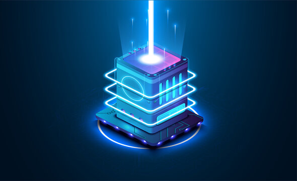 Data center server hardware and futuristic look up. The concept of big data technology, cloud information base, artificial intelligence. Template of page on information technologies theme. Vector