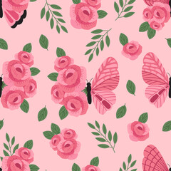 seamless pattern with pink decorative butterfly and flowers