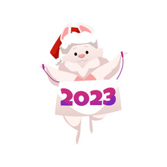 Cute cartoon rabbit in red santa hat, symbol of 2023 Happy Chinese new year