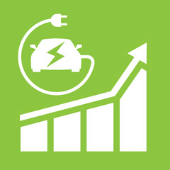 Symbols of green energy - an electric car with a cable and an electric plug and a growing graph. Growth in the number of electric vehicles. Reducing environmental pollution