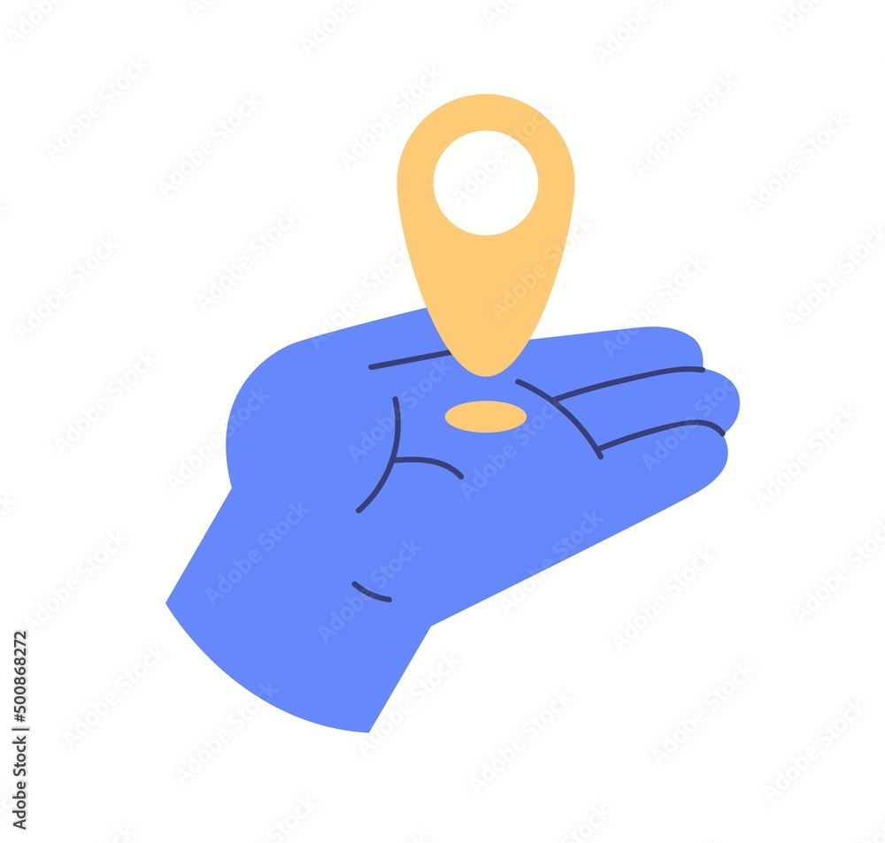 Poster Pin point, location marker in hand icon. Map pointer, place mark, indicator in palm. GPS navigation, destination, position search concept. Flat vector illustration isolated on white background