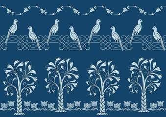 Byzantine traditional historical motifs of animals, birds, flowers and plants Seamless border pattern, linear ornament, ribbon in blue. Vector illustration.