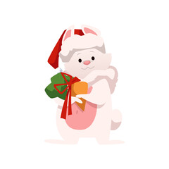 Cute Christmas rabbit hugging gift carrot tied with ribbon flat style