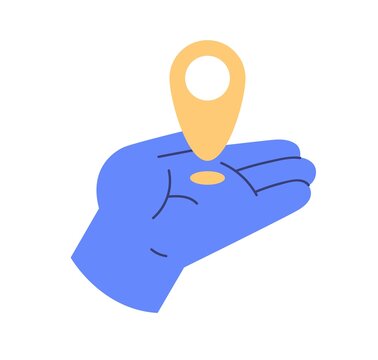 Pin Point, Location Marker In Hand Icon. Map Pointer, Place Mark, Indicator In Palm. GPS Navigation, Destination, Position Search Concept. Flat Vector Illustration Isolated On White Background