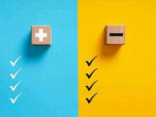 Plus and minus symbols on blue and yellow background with check marks