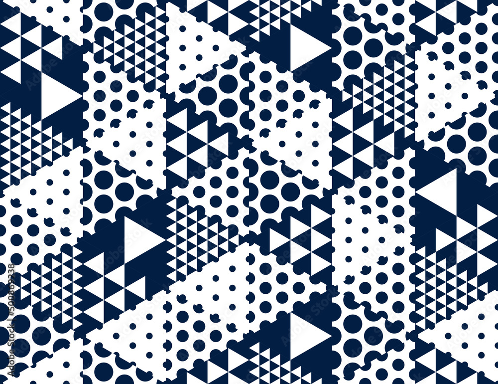 Poster geometric 3d seamless pattern with cubes, rhombus and triangles and dots boxes blocks vector backgro
