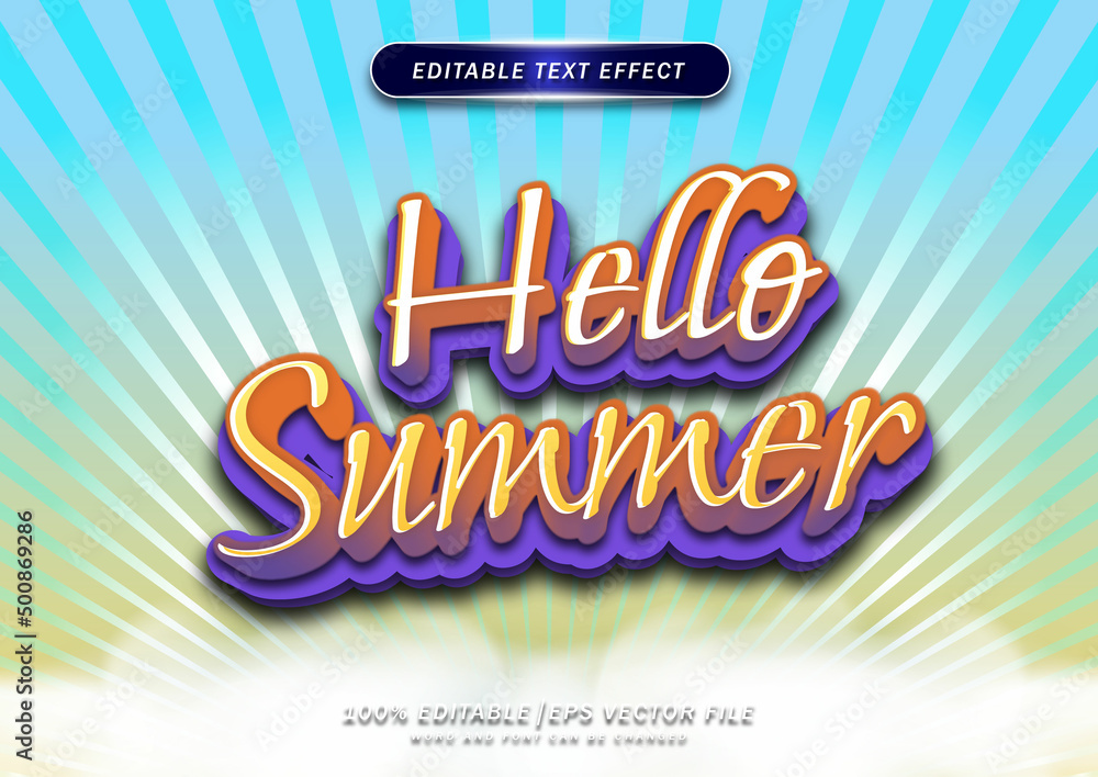 Poster hello summer text effect with gradient and cloud background. editable text style