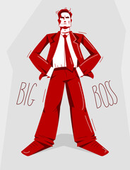 Big boss director stands confident serious and angry vector illustration, bad boss despot and tyrant concept, manager in control of work process.