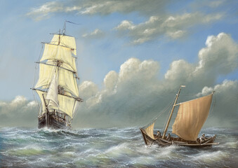 Old sailing ship in the ocean. Oil paintings landscape, fisherman, ships, sea landscape, sailing boat on the sea. Fine art, masterpiece. © yaroslavartist