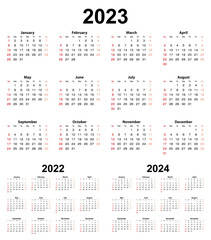 Basic calendar for year 2023 and 2022, 2024. Week starts on Sunday.