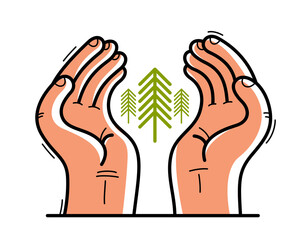 Obraz premium Two hands with pine trees protecting and showing care vector flat style illustration isolated on white, cherish and defense for woods and forests concept, environment protection.