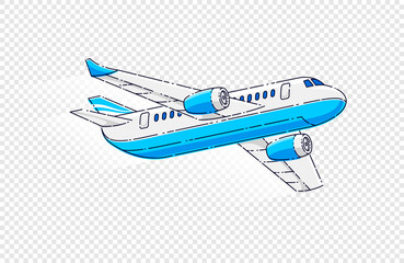 Flying plane passenger airliner isolated over transparent background, beautiful thin line 3d vector illustration.