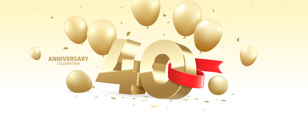 40th Year anniversary celebration background. 3D Golden number wrapped with red ribbon with  confetti and golden balloons.
