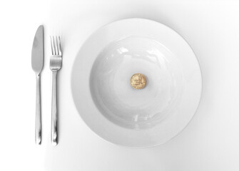 Hunger, empty plate with euro coin expensive food