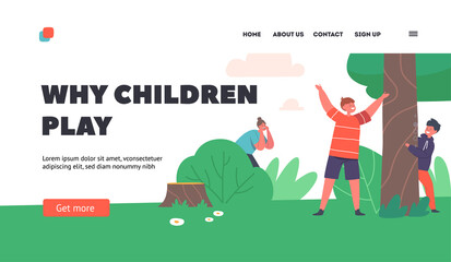 Summer Fun and Active Leisure Landing Page Template. Mother Playing with Children Hide and Seek Game in Park