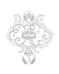 Mystic aesthetic witch mage composition print. Hand draw black color.Esoteric sign alchemy.