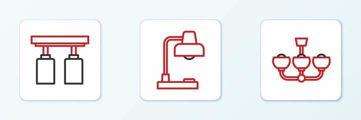 Set line Chandelier, Led track lights lamps and Table icon. Vector