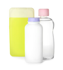 Set of baby cosmetic products on white background