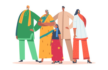 Indian Family Wear Traditional Clothes Isolated on White Background. Young Smiling Male and Female Characters