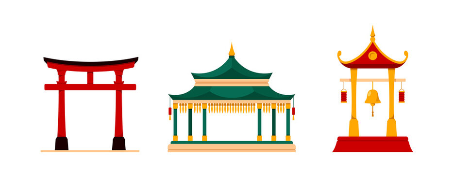 Red torii entrance with roof isolated Chinese, Korean or Japanese gate realistic cartoon icon. Vector ancient asian temple entrance design. Chinatown door in oriental style, torii gate with pillars