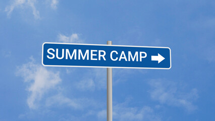 Summer Camp Road Sign on Clear Blue Sky © Herman