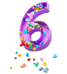 Falling down candy from a plastic box font. Number 6