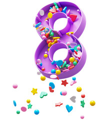 Falling down candy from a plastic box font. Number 8