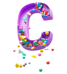 Falling down candy from a plastic box font. Letter C