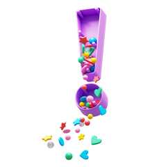 Falling down candy from a plastic box font. Exclamation symbol