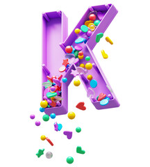 Falling down candy from a plastic box font. Letter K