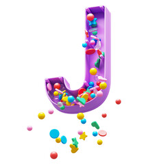 Falling down candy from a plastic box font. Letter J