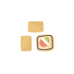 Japanese sushi rolls with avocado, red fish and cheese filling. Asian maki food with salmon, tuna shavings. Traditional oriental meal. Flat vector illustration isolated on white background