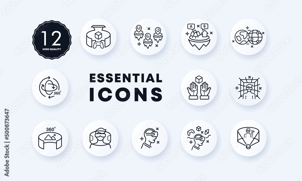 Poster virtual reality icons set. virtual area. panorama. orientation in space. newest technologies. fun ti