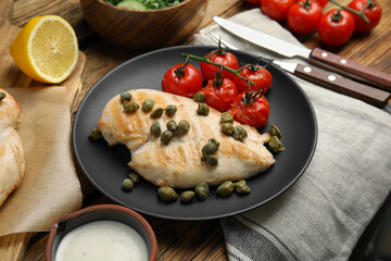 Delicious cooked chicken fillet with capers and tomatoes served on wooden table