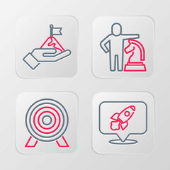 Set line Rocket ship, Target, Chess and Mountains with flag icon. Vector