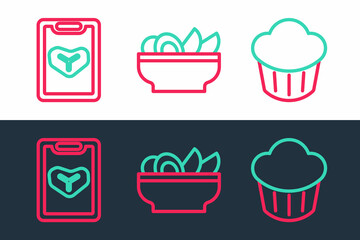 Set line Cupcake, Restaurant cafe menu and Nachos in plate icon. Vector