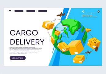vector illustration of a banner template for a website, the concept of cargo delivery around the world, cargo boxes rotate around the globe