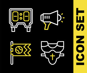 Set line Megaphone, Player chest protector, Flag with baseball ball and Baseball mechanical scoreboard icon. Vector