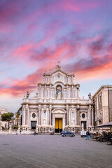 Naklejka premium Facade of the Cathedral of Catania at sunset