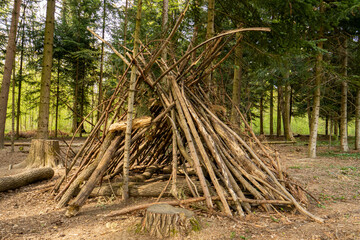 Man made wooden stick teepee or hut in a forest. Close up wide angle shot, day time, sunny, no...